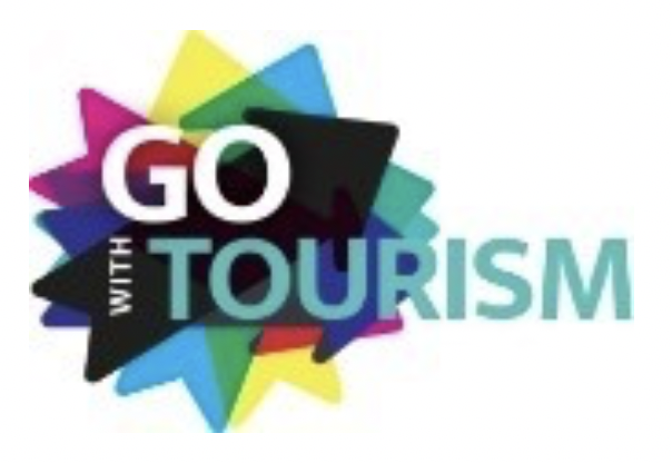 GO WITH TOURISM Logo, multi-coloured circular shape with the text "GO WITH TOURISM" overlaid"