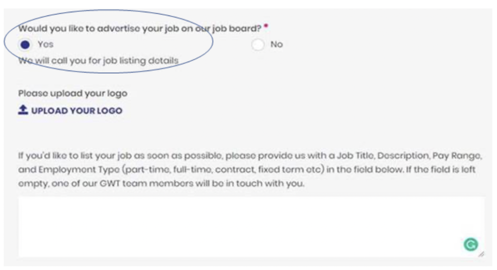 A screenshot showing how to advertise vacancies on the Go With TOurism website, it has a circle around the "Yes" radio button under the heading "Would you like to advertise your job on our job board?"